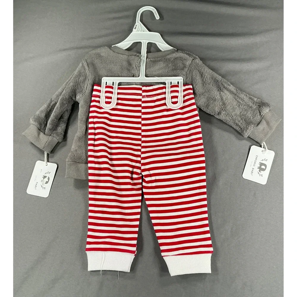 NWT Emporio Baby Reindeer Plush Top and Striped Pants 2PC Set Gray Red 6-9M